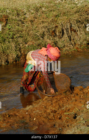 Les népalaises avec filets de pêche traditionnels près de Phokara, Népal Banque D'Images