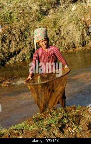 Les népalaises avec filets de pêche traditionnels près de Phokara, Népal Banque D'Images