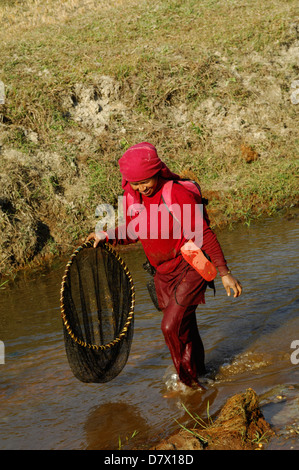 Les népalaises avec filets de pêche traditionnels près de Phokara, Népal Banque D'Images