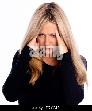 Senior woman avec les mains pour faire face au stress photo concept Banque D'Images