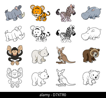 Un ensemble d'illustrations d'animaux sauvages de dessin animé. Couleur et noir un contour blanc versions. Banque D'Images
