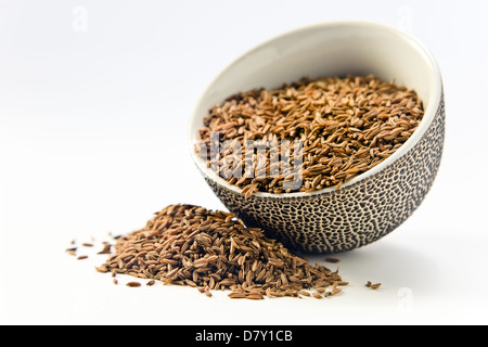 Graines de cumin dans une petite tasse en céramique sur fond blanc Banque D'Images