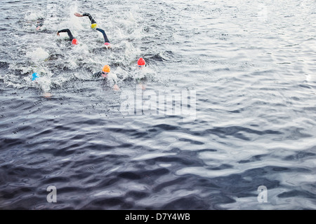 Les triathlètes splashing in water Banque D'Images