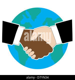 Les mains TREMBLANT - L'un est noir et l'autre est blanc. Il y a un monde dans l'arrière-plan Banque D'Images