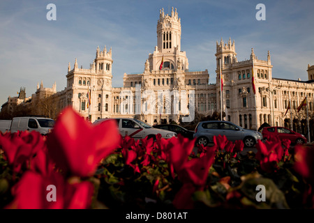 Des fleurs colorées et l'ancien bureau de poste Palacio de Comunicaciones ou Palacio de Cibeles sur la Plaza de Cibeles, Madrid, Espagne, Banque D'Images