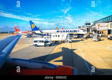Avion à réaction Ryanair et véhicules de soutien aéroportuaire sur l'aire de trafic de l'aéroport de Londres Gatwick (LGW), West Sussex, Angleterre, Royaume-Uni Banque D'Images