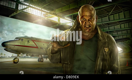 Illustration de mixed race man holding gun dans hangar avion Banque D'Images