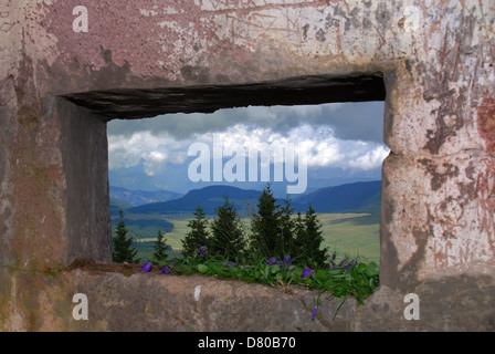 PREMIÈRE GUERRE MONDIALE. Vénétie, Italie. Asiago plateau, une tranchée couverte italienne sur le mont Castelgomberto. Un poste de mitrailleuse. Altopiano dei Sette Comuni. Altopiano di Asiago. Monte Castelgomberto. Banque D'Images