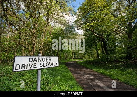 Avertissement Un signe aux automobilistes de conduire lentement sur un étroit chemin de campagne. UK, 2013. Banque D'Images