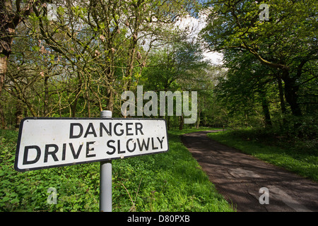 Avertissement Un signe aux automobilistes de conduire lentement sur un étroit chemin de campagne. UK, 2013. Banque D'Images