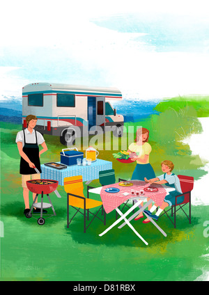 Une illustration montrant une famille ayant une barbaque. Banque D'Images