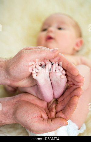 Père mains tenant les petits pieds du bébé Banque D'Images