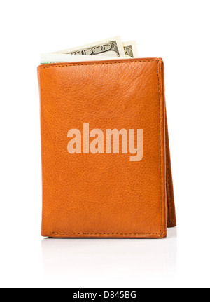 Billets de dollars en sac à main marron en cuir avec réflexion isolated on white Banque D'Images