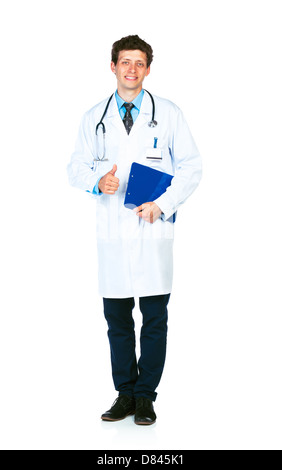 Portrait of a male doctor holding a notepad et collés sur fond blanc Banque D'Images