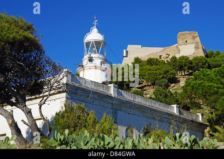 Phare construit en 1864 au-dessous du château de la Trinité, la ville de Roses, Costa Brava, Catalogne, Espagne, Méditerranée Banque D'Images