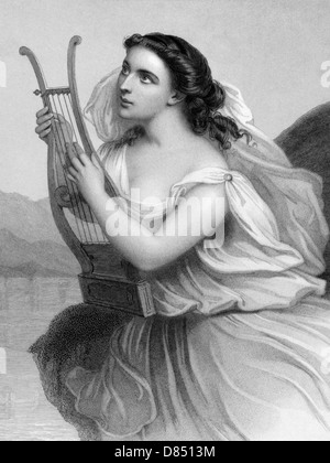 Sappho (630/612-570 BC) sur gravure de 1858. Poète lyrique grec ancien. Banque D'Images