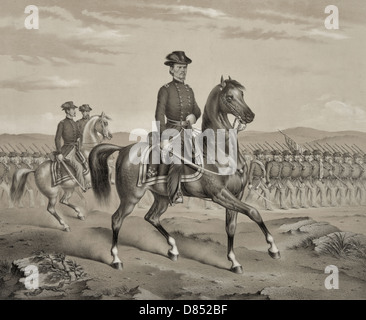 Le général Franz Sigel, portrait en pied, faisant face à droite, à cheval avec des troupes marchant en formation. 1862 Banque D'Images