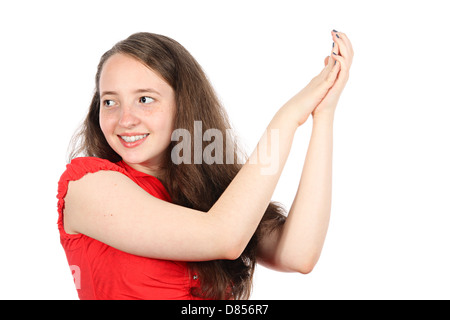 La jeune fille en mouvement, des gestes de la main. Isolated on white Banque D'Images