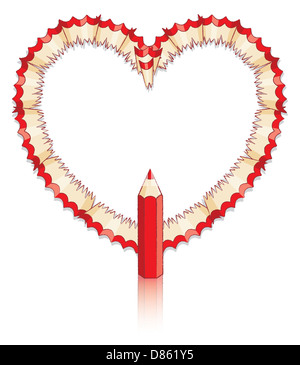 Copeaux de crayon rouge en forme de coeur avec crayon rouge et de réflexion à l'avant Banque D'Images