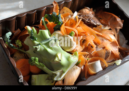 Cuisine des ménages les déchets végétaux dans un récipient alimentaire utilisé à nouveau prêt pour le compost ou wormery. Banque D'Images