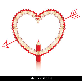 Copeaux de crayon rouge en forme de coeur avec flèche tirée et crayon rouge et de réflexion Banque D'Images