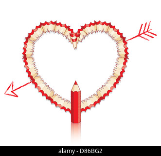 Copeaux de crayon rouge en forme de coeur avec flèche tirée et crayon rouge et de réflexion Banque D'Images