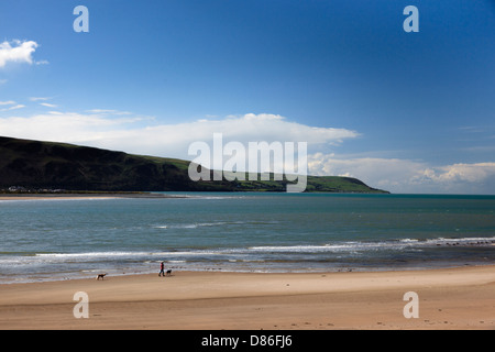 Les personne qui marche avec deux chiens le long d'une plage déserte à Barmouth sur la côte galloise Banque D'Images