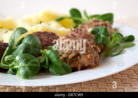 Boulettes de viande traditionnelles russes faites avec de la viande et du riz avec une purée de pommes de terre et salade verte Banque D'Images