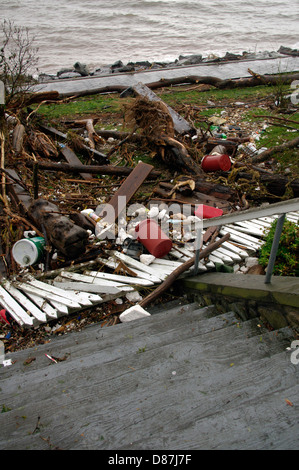 Clôture détruite, déracinés et aménagement paysager flotsam déferlait sur sea wall pendant l'ouragan Sandy S.I., USA 30 Octobre 2012 Banque D'Images
