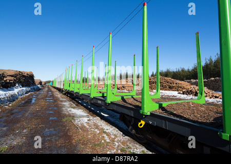 Vue du dépôt ferroviaire pour le transport et le stockage de grumes , des piles de grumes et des wagons de grumes de cargaison vides longs pour le transport de bois et de grumes , Finlande Banque D'Images