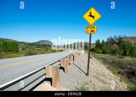 Deer crossing sign avec un nez rouge, ce qui indique un passage du renne de noël. Image humoristique Banque D'Images