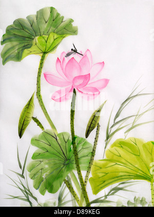 L'art d'origine, de l'aquarelle de lotus et libellule, la peinture de style asiatique Banque D'Images