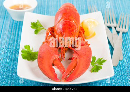 Homard au beurre noir et des quartiers de citron. Banque D'Images