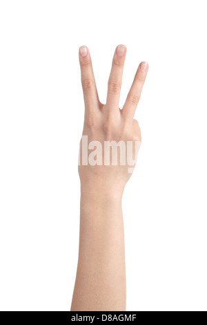 Main femme montrant trois doigts sur un fond isolé blanc Banque D'Images