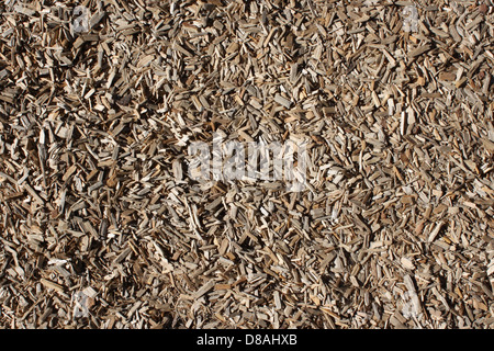 Cette image montre un gros plan de copeaux de bois, montrant leur texture rugueuse et irrégulière. Le matériau naturel est couramment utilisé dans l'aménagement paysager, le jardinage et comme paillis. Banque D'Images