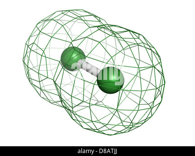 Chlore (Cl2), le modèle moléculaire. Les atomes sont représentés comme des sphères avec codage couleur classiques : le chlore (vert) Banque D'Images