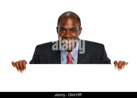 Young African American Businessman Holding a blank sign isolé sur fond blanc Banque D'Images