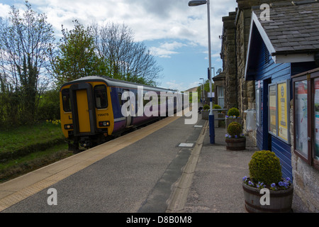 Une femme sur un siège de la station de l'attente d'un train arrivant de Middlesbrough à Whitby à Danby sur l'Esk Valley Railway Banque D'Images