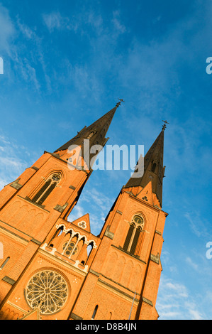 Twin Towers de Uppsala Domkyrka, la grande cathédrale gothique qui domine la ville, au coucher du soleil. Banque D'Images