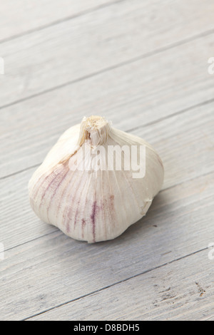 Une seule ampoule de l'ail blanc frais avec teinte pourpre sur une surface de bois rustique. Banque D'Images