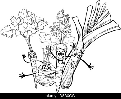 Cartoon noir et blanc Illustration de légumes soupe heureux caractères alimentaire Livre à colorier pour Groupe Banque D'Images