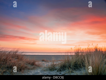 Lever de soleil à la plage de couleurs à Nyborg, Danemark avec le pont traversant la grande ceinture à l'horizon Banque D'Images