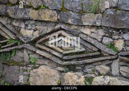 Motif en forme de diamant gravé dans la pierre des murs à la Kuelap site archéologique près de Chachapoyas, Pérou Banque D'Images