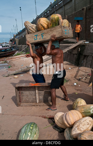 Les navires de charge, les débardeurs de fret avec des citrouilles au port de Manaus, Brésil, l'Amazonie. Banque D'Images