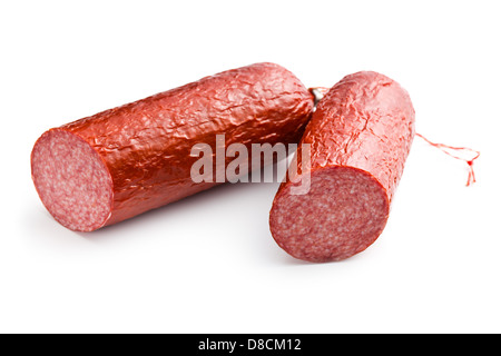 Salami de porc sur fond blanc Banque D'Images