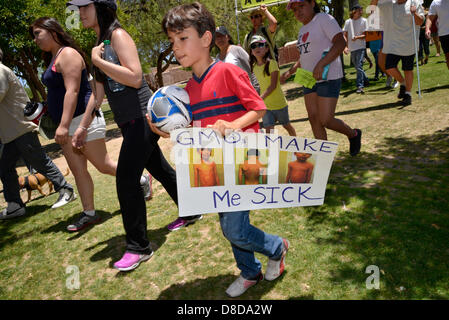 Tuscon, Arizona, USA. 25 mai, 2013. Adryan Alavi, 7, rejoint environ 1 000 manifestants qui ont participé à une marche organisée par Monsanto de Tucson contre OGM, ou organisme génétiquement modifié, le 25 mai 2013, à Reid Park, Tucson, Arizona, USA. Credit : Norma Jean Gargasz/Alamy live News Banque D'Images