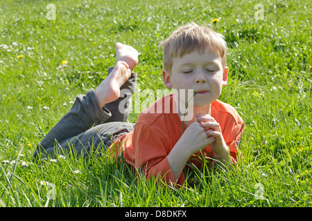 Portrait d'un jeune garçon profitant du beau temps couchée dans un pré Banque D'Images