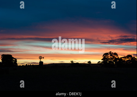 South Australian Outback intense nuit avec moulin Silhouette Banque D'Images