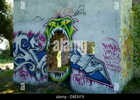 Graffiti sur mur de maison à l'abandon, St Marys well bay près de Barry, Vale of Glamorgan, Pays de Galles du sud. Banque D'Images