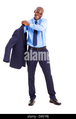 Handsome african american businessman putting sur la veste sur fond blanc Banque D'Images